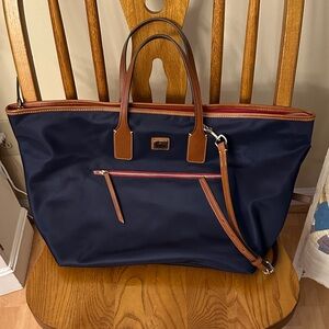 NWT Dooney & Bourne Original Navy Convertible Tote Bag with Brown straps.